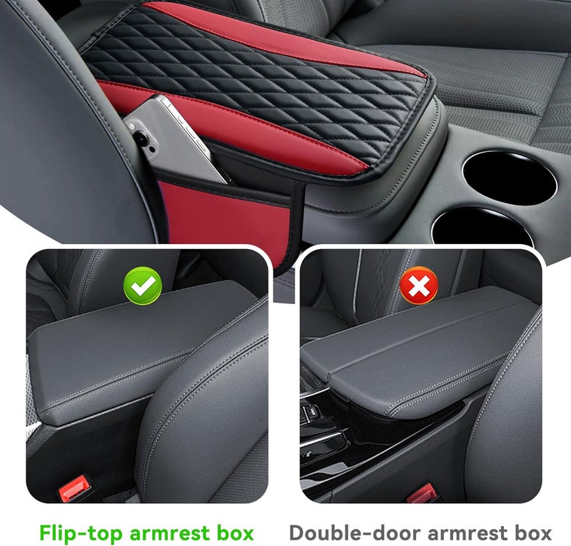 Tioollev Patchwork Leather Car Center Console Cover,Microfiber Leather Vehicle Armrest Protector Cushion with 2 Storage Bags,Universal Cars Armrest Cushion for SUV, Sedan, Truck (Red) - Image 4